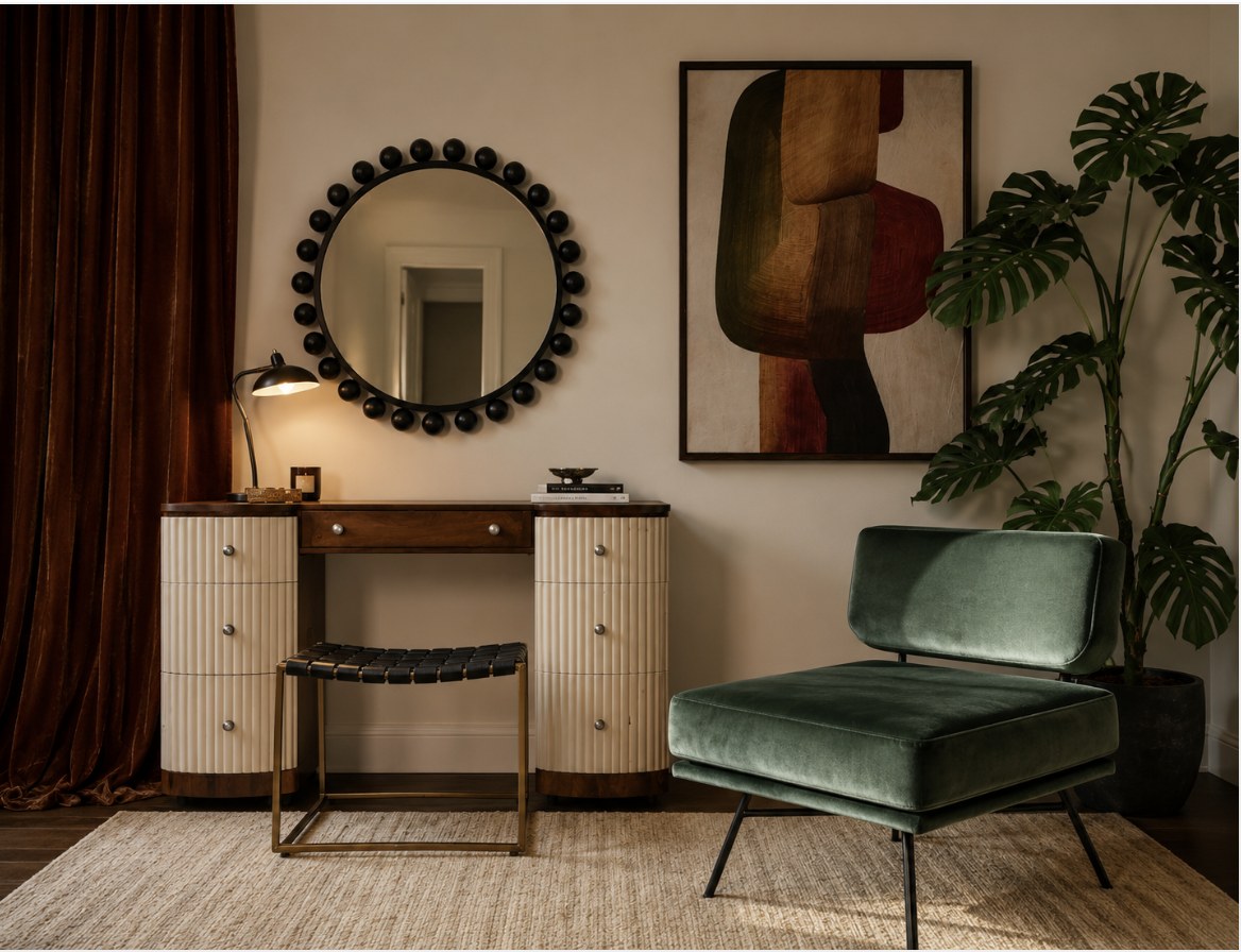 A dressing room styled by Devin Sparkles: demilune vanity with a beaded round mirror, woven leather stool, green velvet accent chair, abstract art, and a monstera beside rust velvet curtains.