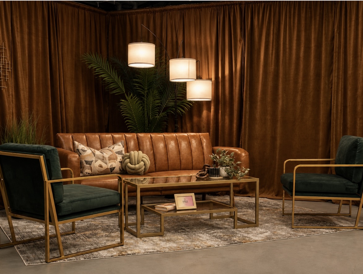 A celebrity green room styled by Devin Sparkles: Rug, Pillow, Curtains, Coffee Table, Lamp, Chairs, Sofa, Reed Diffuser
