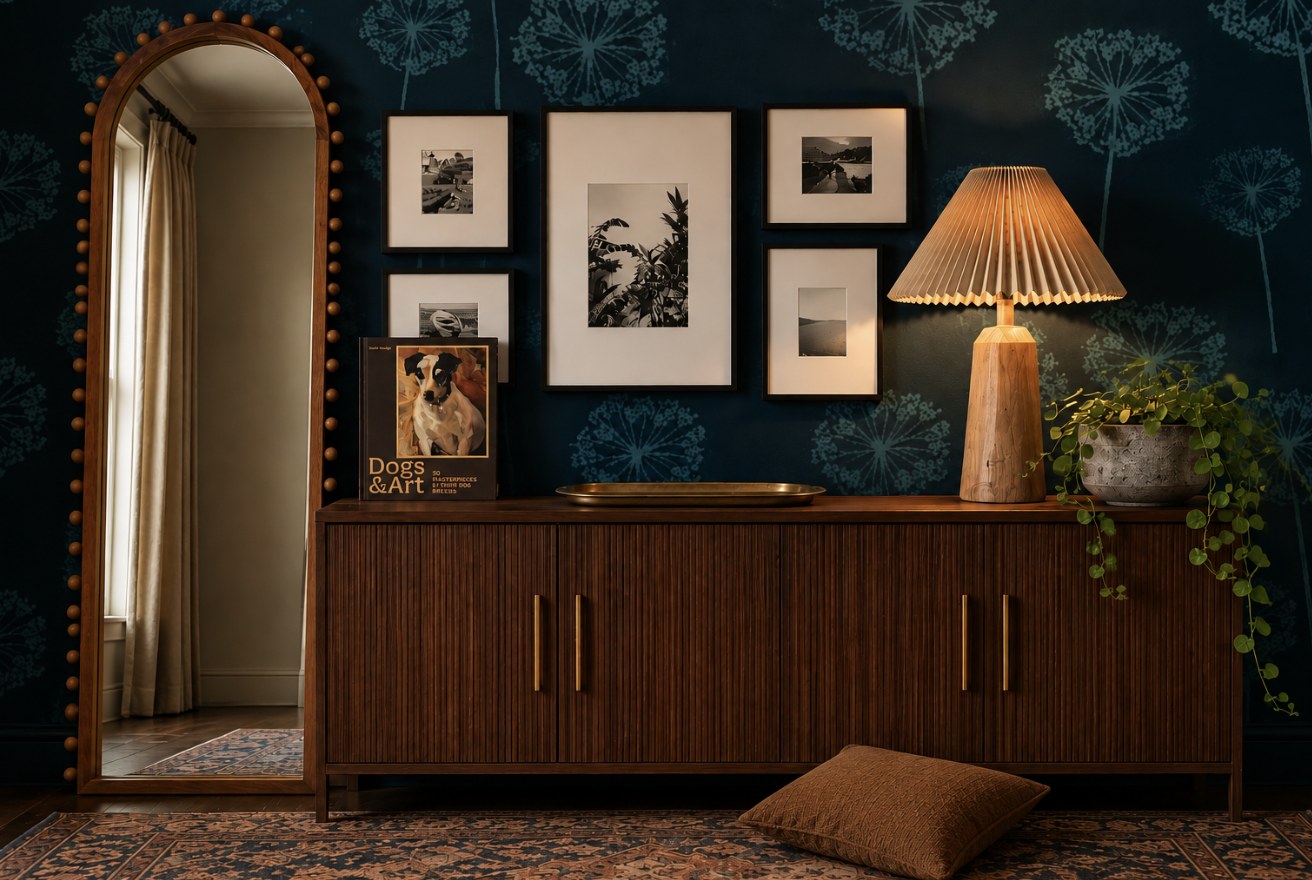 A budget room refresh styled by Devin Sparkles: dark botanical wallpaper, a gallery wall of matted frames, arched bobbin mirror, fluted sideboard with a pleated-shade lamp, brass tray, trailing plant, and a jute floor pillow.